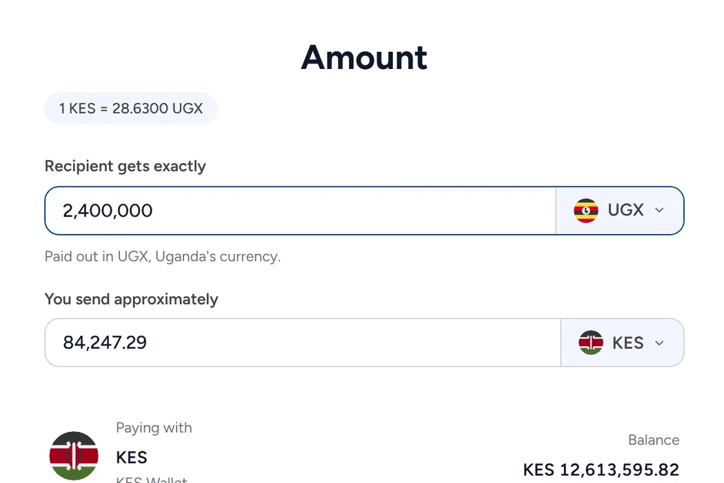 Sending a payout: the recipient gets UGX 2,400,000 and you send about KES 84,247 from your KES wallet.