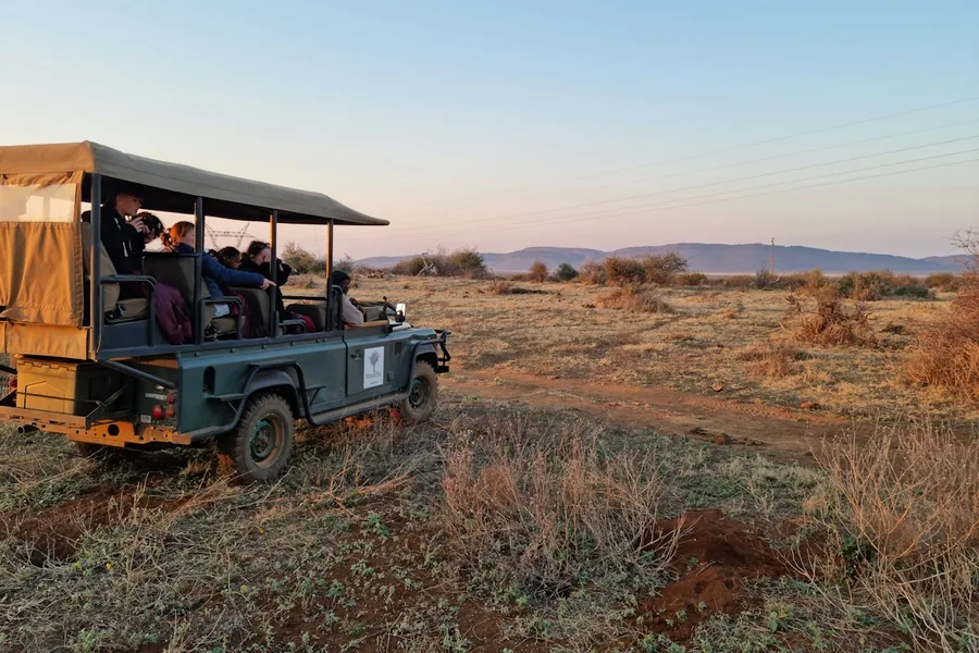 A safari vehicle with a group of travelers at dusk.